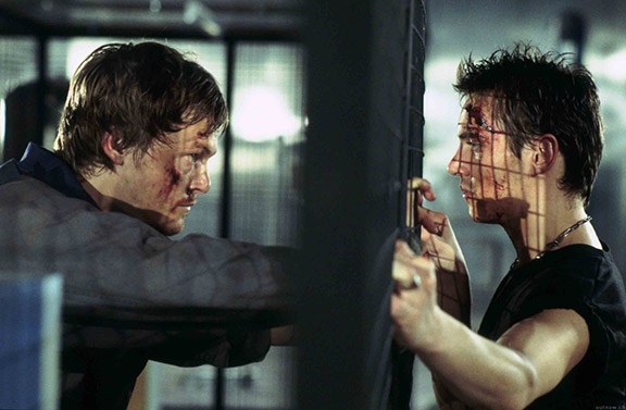 Film still from Octane-2 men confronting each other